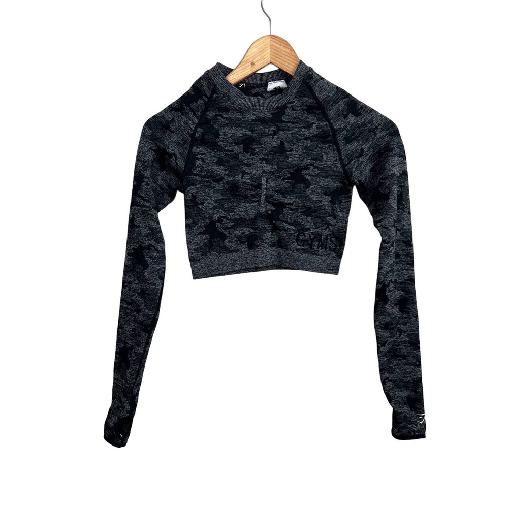 Gymshark Adapt Seamless‎ Dry Long Sleeve Camo Crop Top Small Black/Gray